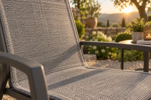 Chaise de jardin en toile textilène grise exposée au soleil dans un jardin