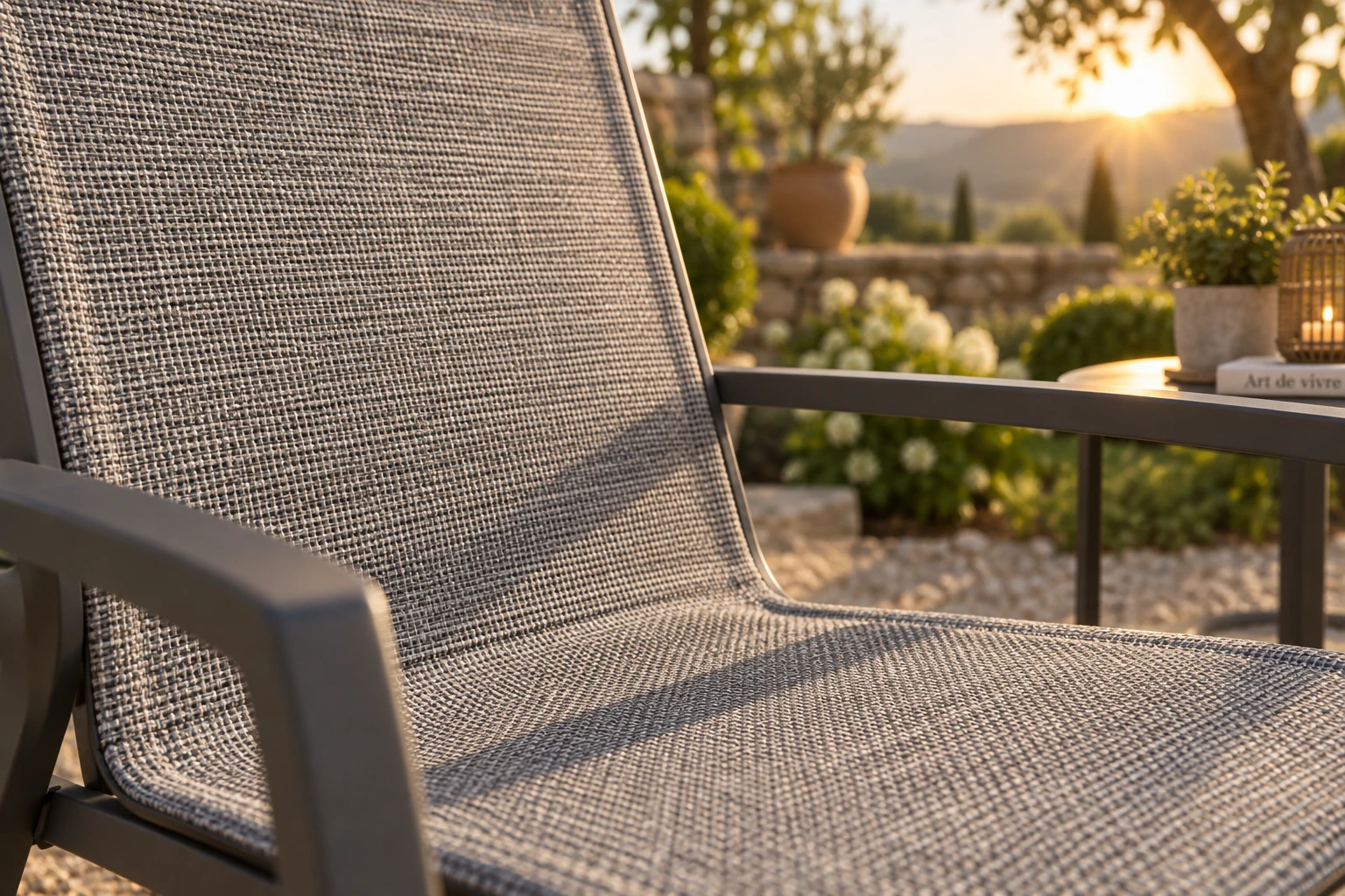 Chaise de jardin en toile textilène grise exposée au soleil dans un jardin