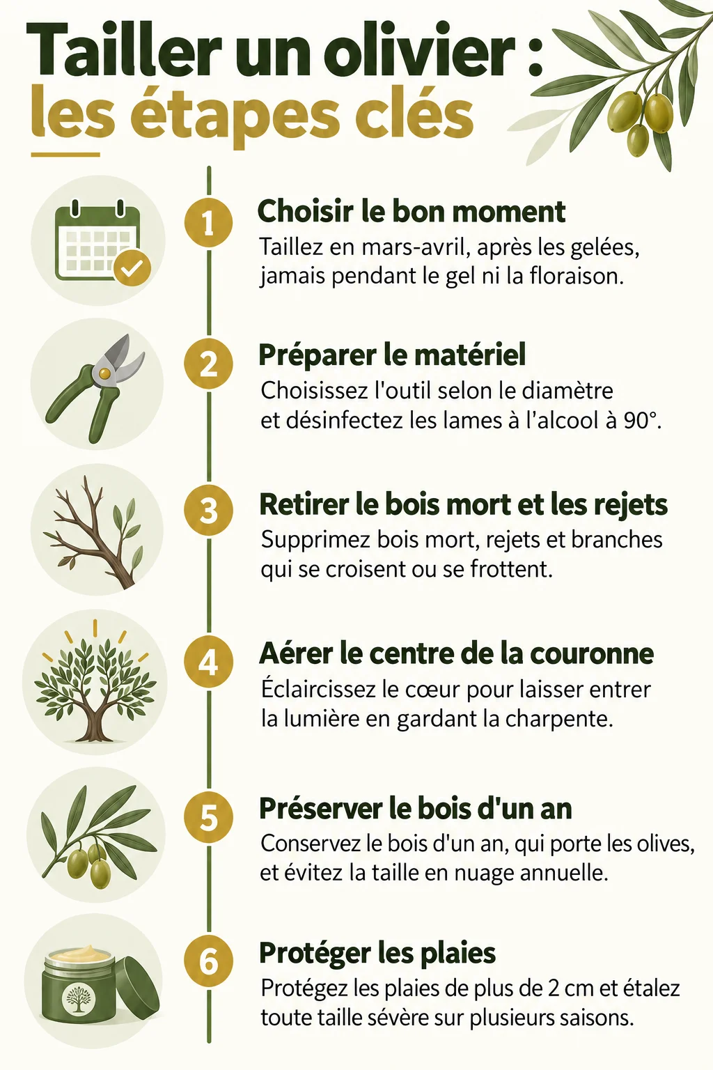 Tailler un olivier : les étapes clés : 1. Choisir le bon moment, 2. Préparer le matériel, 3. Retirer le bois mort et les rejets, 4. Aérer le centre de la couronne, 5. Préserver le bois d'un an, 6. Protéger les plaies