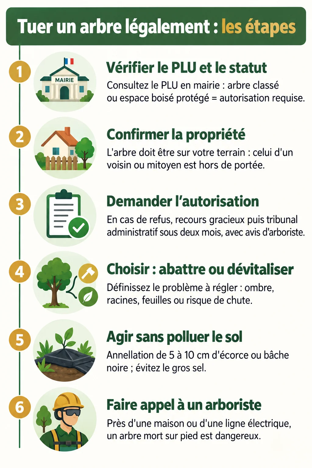 Tuer un arbre légalement : les étapes : 1. Vérifier le PLU et le statut, 2. Confirmer la propriété, 3. Demander l'autorisation, 4. Choisir : abattre ou dévitaliser, 5. Agir sans polluer le sol, 6. Faire appel à un arboriste