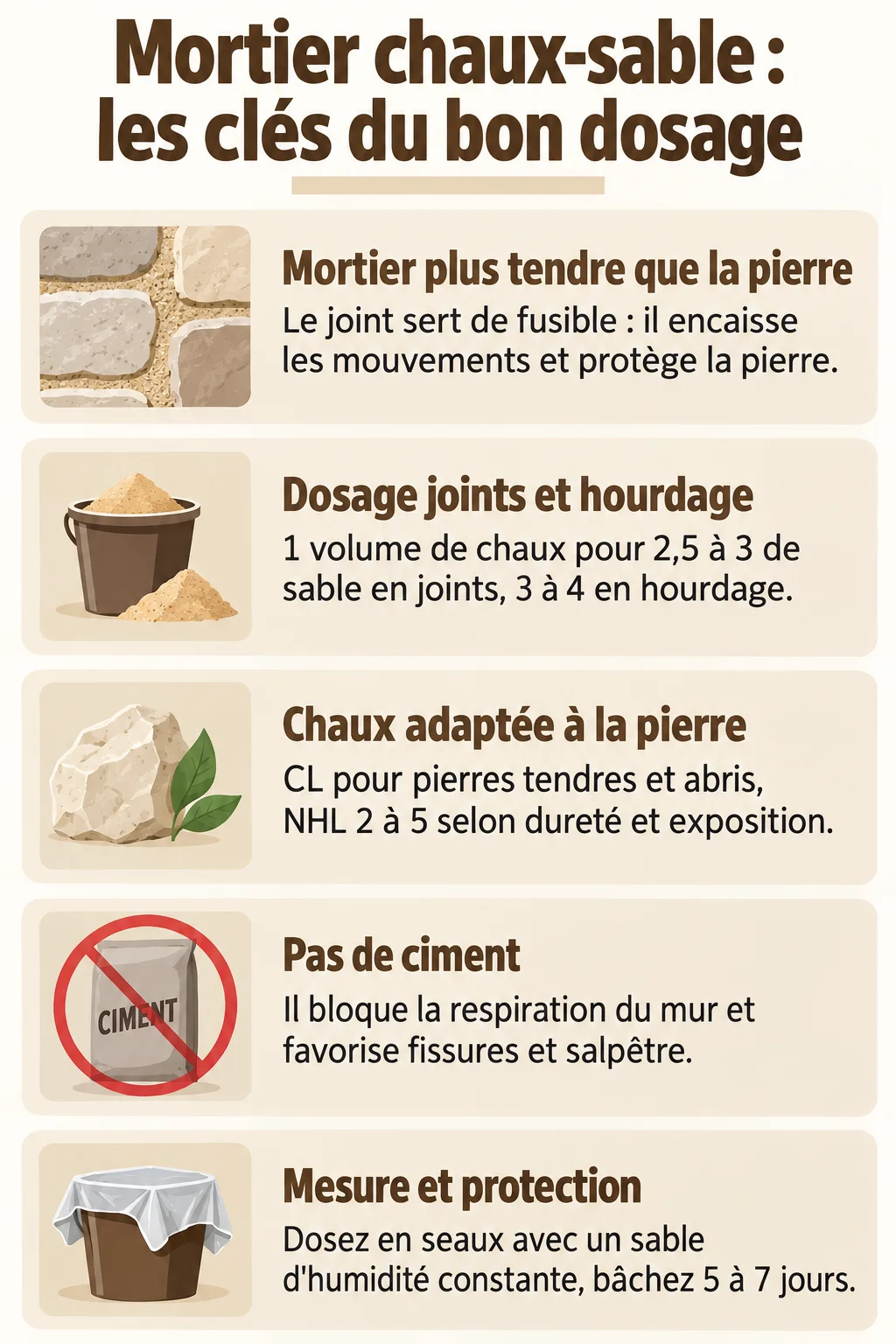 Mortier chaux-sable : les clés du bon dosage : Mortier plus tendre que la pierre, Dosage joints et hourdage, Chaux adaptée à la pierre, Pas de ciment, Mesure et protection