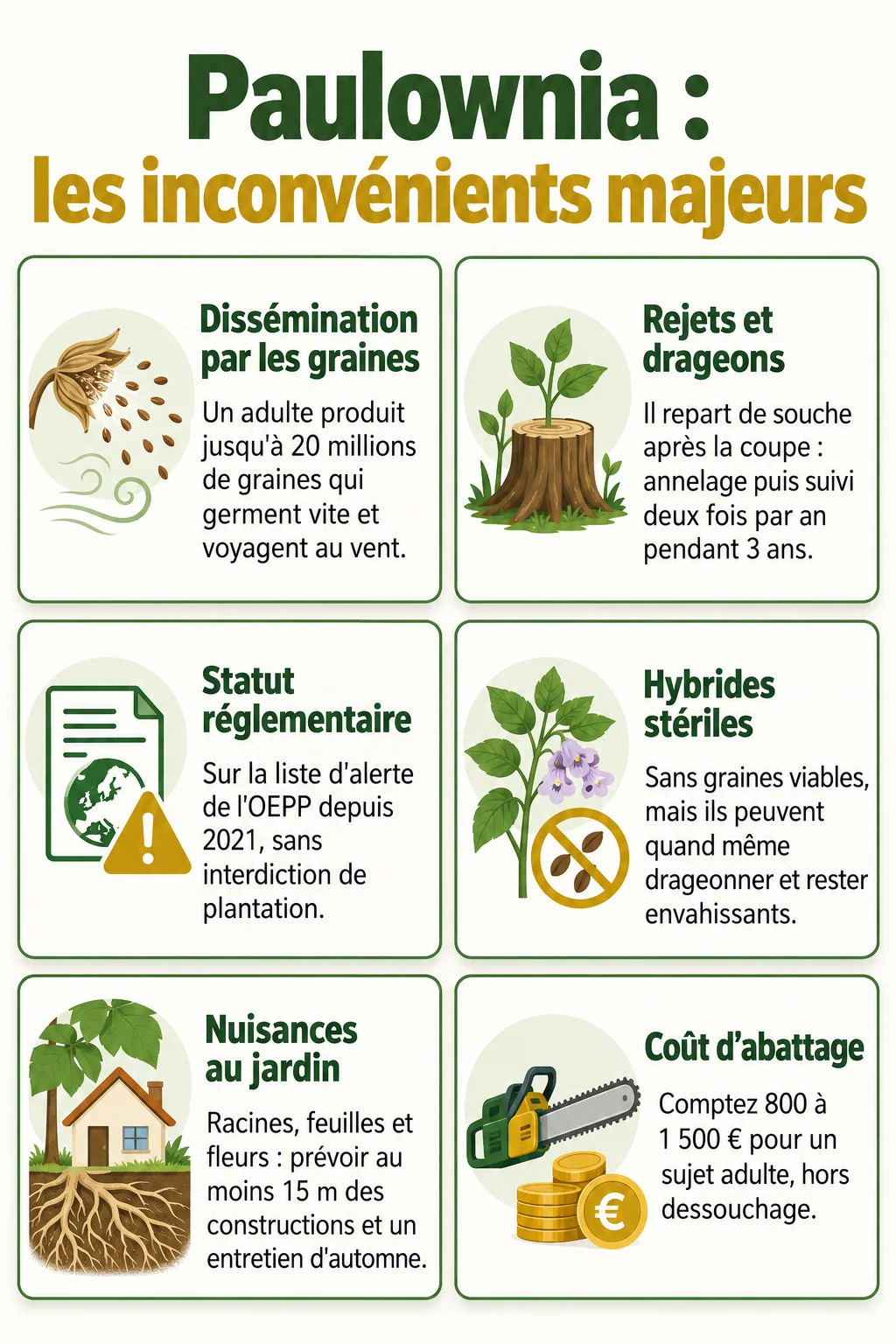 Paulownia : les inconvénients majeurs : Dissémination par les graines, Rejets et drageons, Statut réglementaire, Hybrides stériles, Nuisances au jardin, Coût d'abattage