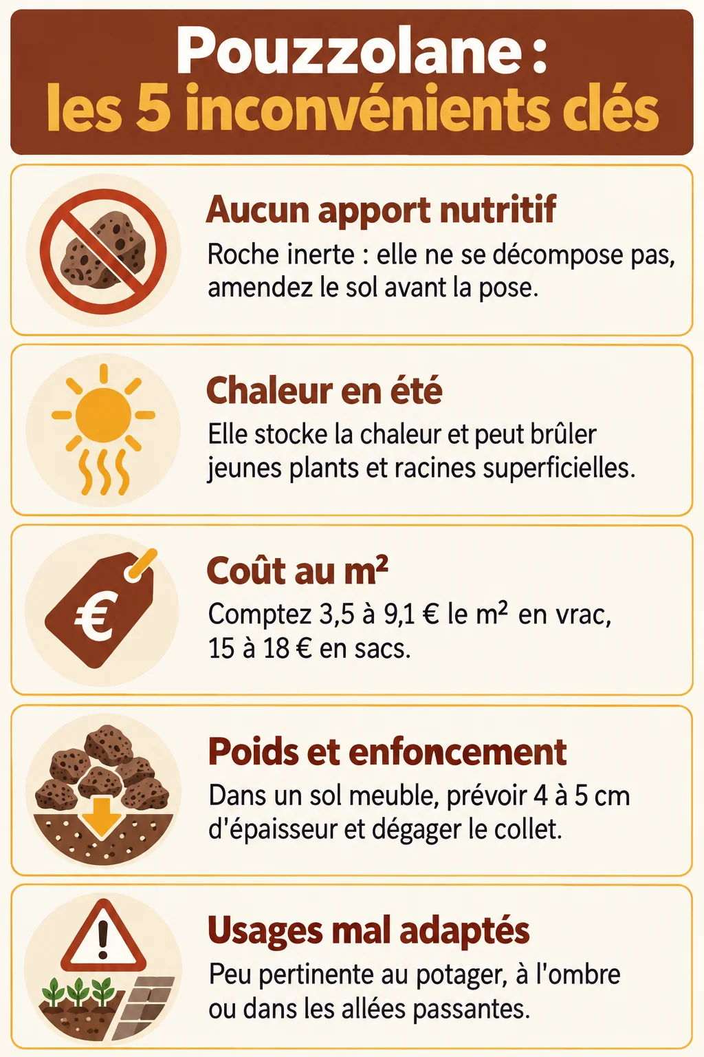 Pouzzolane : les 5 inconvénients clés : Aucun apport nutritif, Chaleur en été, Coût au m², Poids et enfoncement, Usages mal adaptés